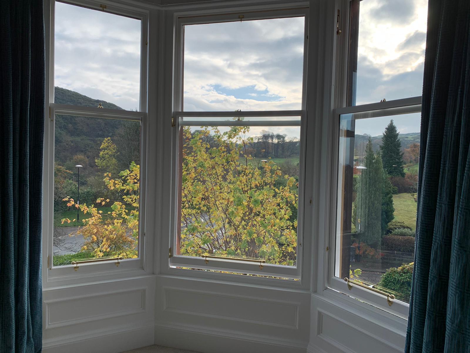 Traditional white sash windows with scenic countryside view